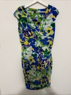 Lauren Ralph Lauren Blue Green Yellow Floral Wrap-Style Midi Dress